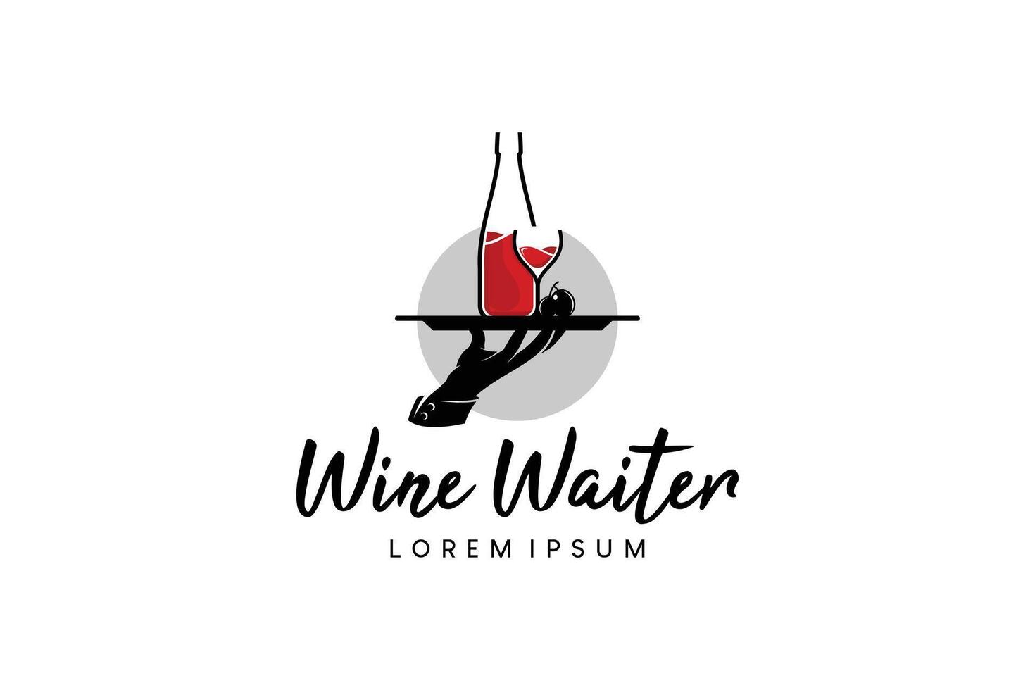 Wine tray hand logo design, illustration of bartender, sommelier or waiter vector