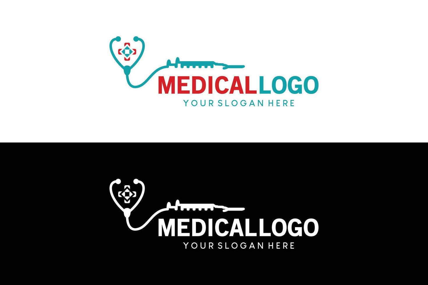 Stethoscope and syringe logo design illustration, health care and medical logo vector