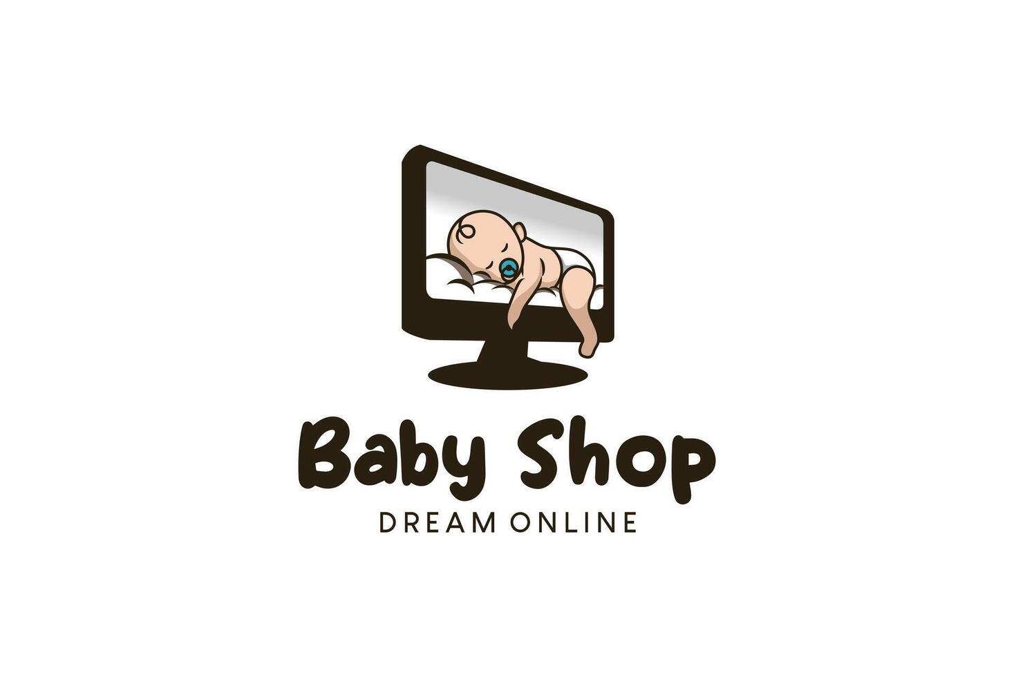 illustration of cute baby logo design sleeping on the computer, online baby shop logo vector