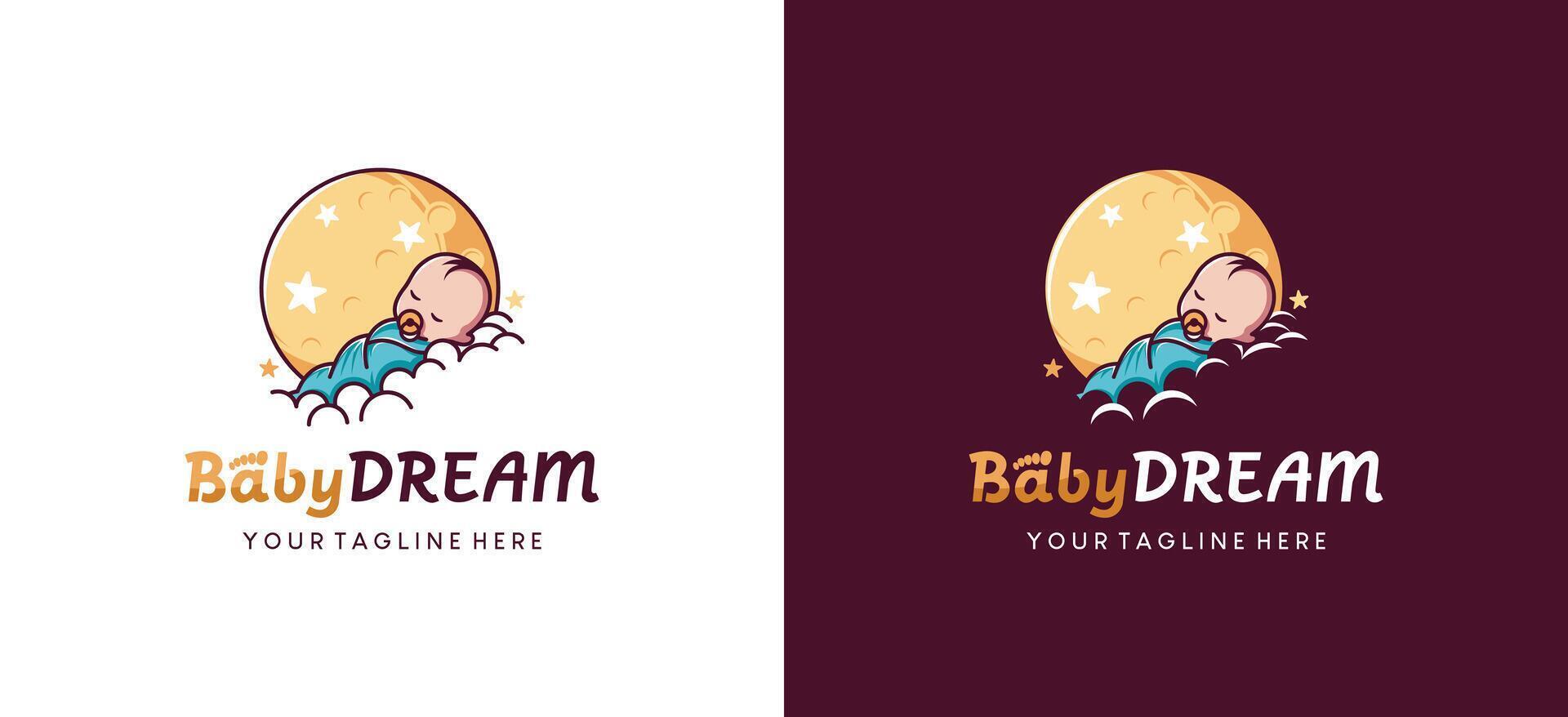 Wrapped baby logo design template sleeping in clouds with moon background vector