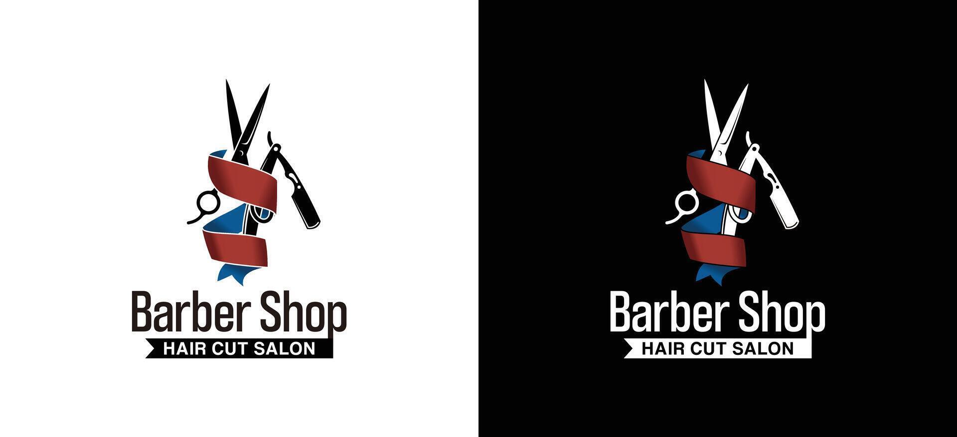 Vintage barber shop logo design, haircut salon with scissors and razor symbol vector