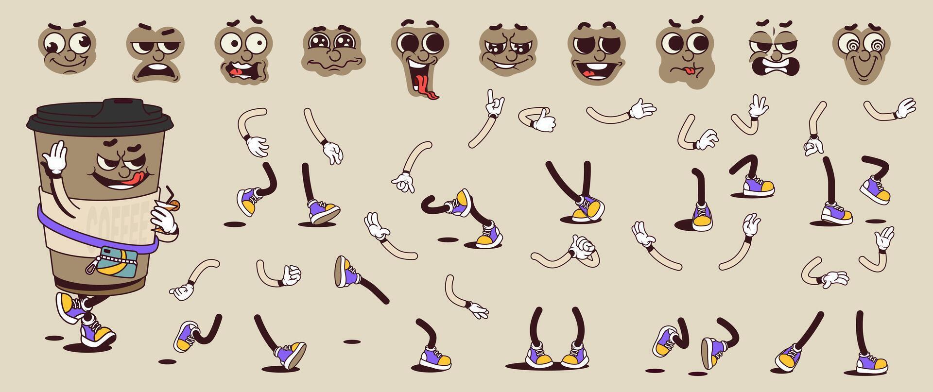 Coffee cup cartoon character with groovy comic faces set. Funny mascot with bundle of smile, wow, love, like, playful, happy and other facial emotions, legs poses, hands gestures. illustration. vector