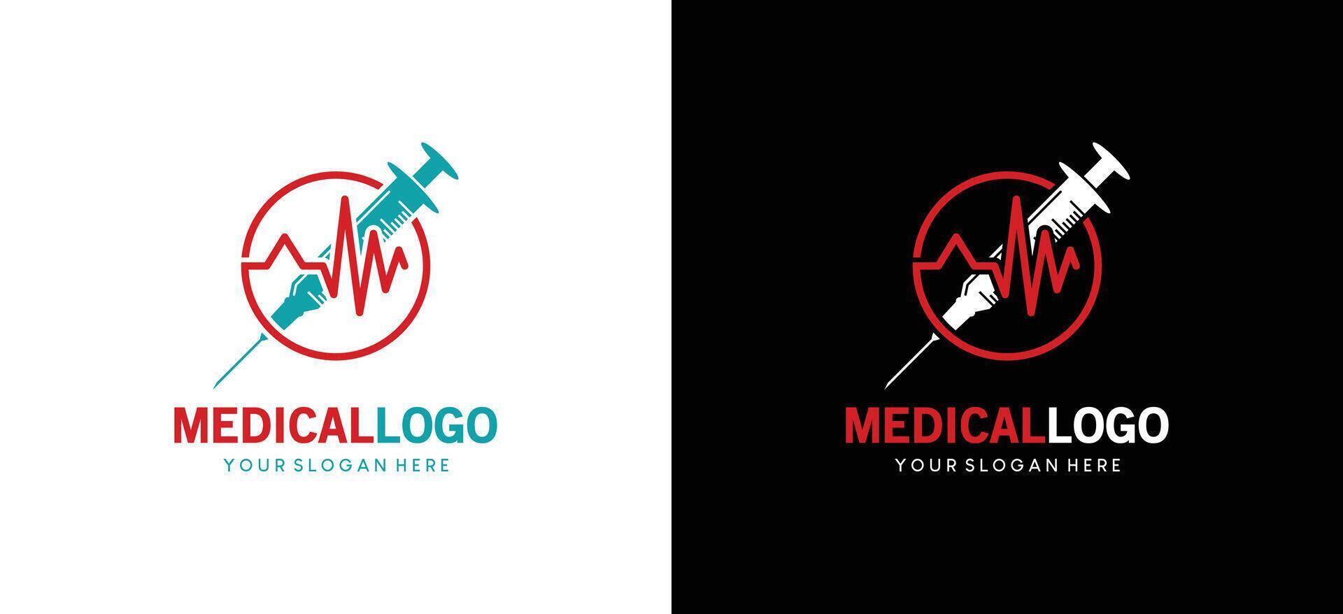 Injection medical logo design with heart rate icon symbol vector