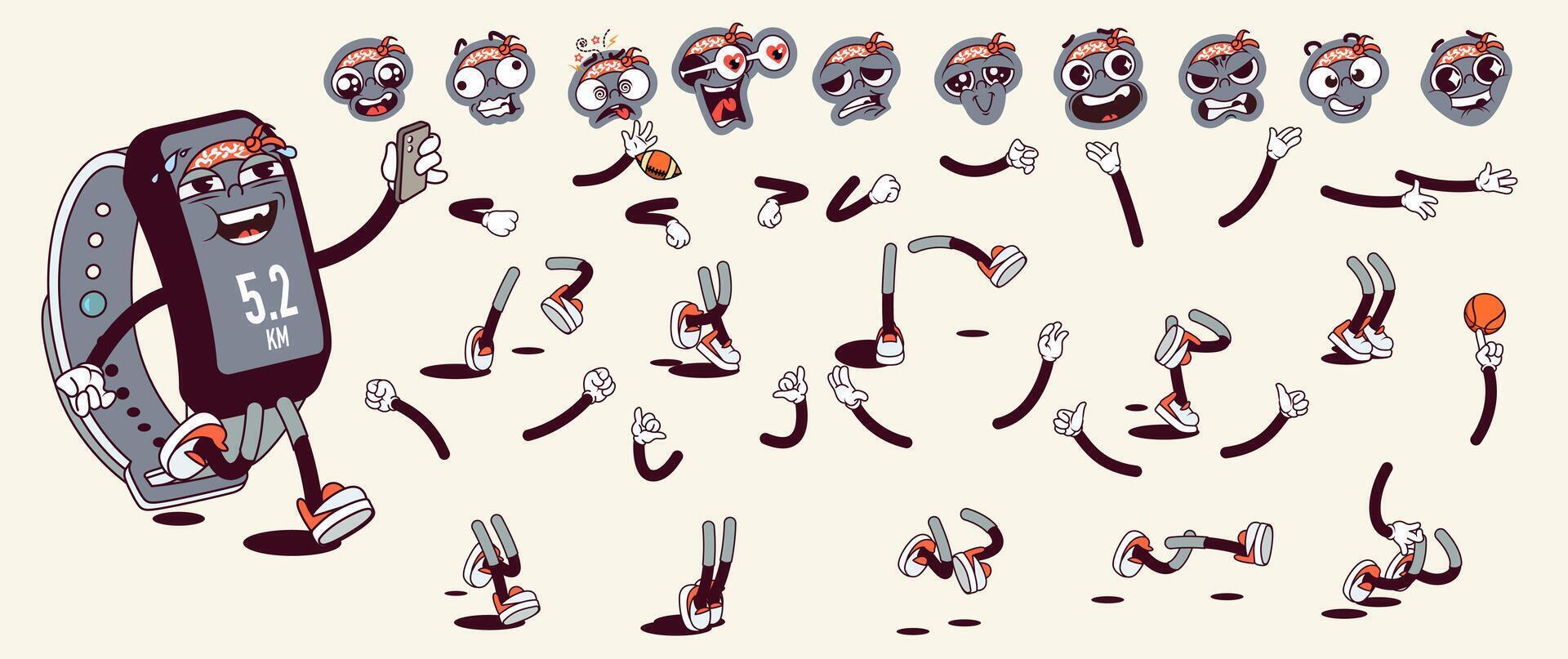 Fitness bracelet cartoon character with groovy comic faces set. Funny mascot with bundle of smile, happy, cheerful, tired and other facial emotions, legs poses, hands gestures. illustration. vector