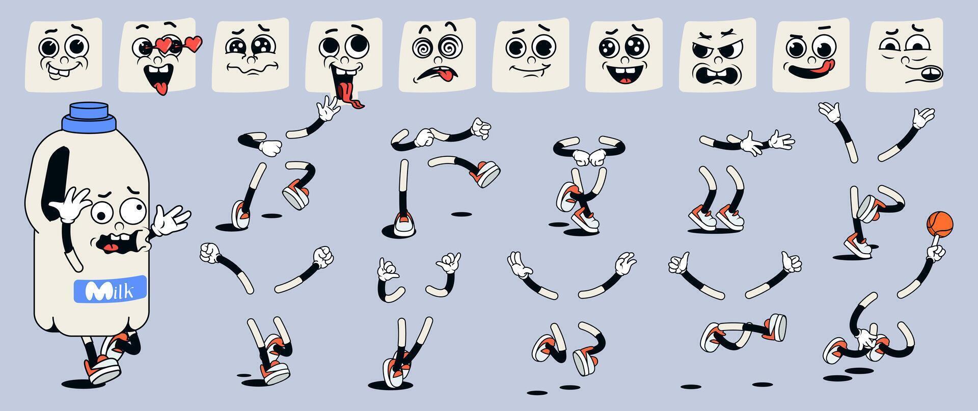 Milk bottle cartoon character with groovy comic faces set. Funny mascot with bundle of confusion, happy, love, sad, angry and other facial emotions, legs poses, hands gestures. illustration. vector