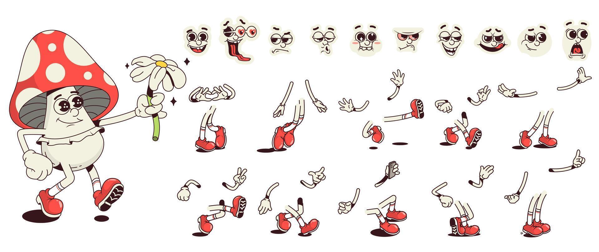 Mushroom cartoon character with groovy comic faces set. Funny amanita mascot with bundle of happy, love, sad, angry, whistle and other facial emotions, legs poses, hands gestures. illustration. vector