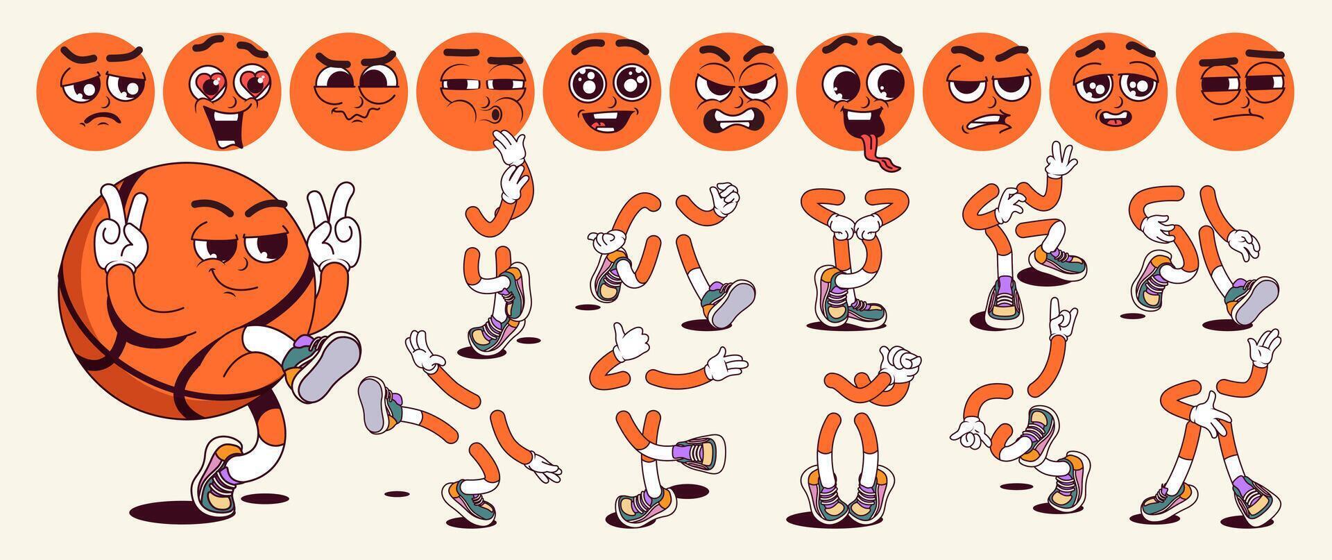 Basketball ball cartoon character with groovy comic faces set. Funny mascot with bundle of happy, smile, angry and other facial emotions, jump and walk legs poses, hands gestures. illustration. vector
