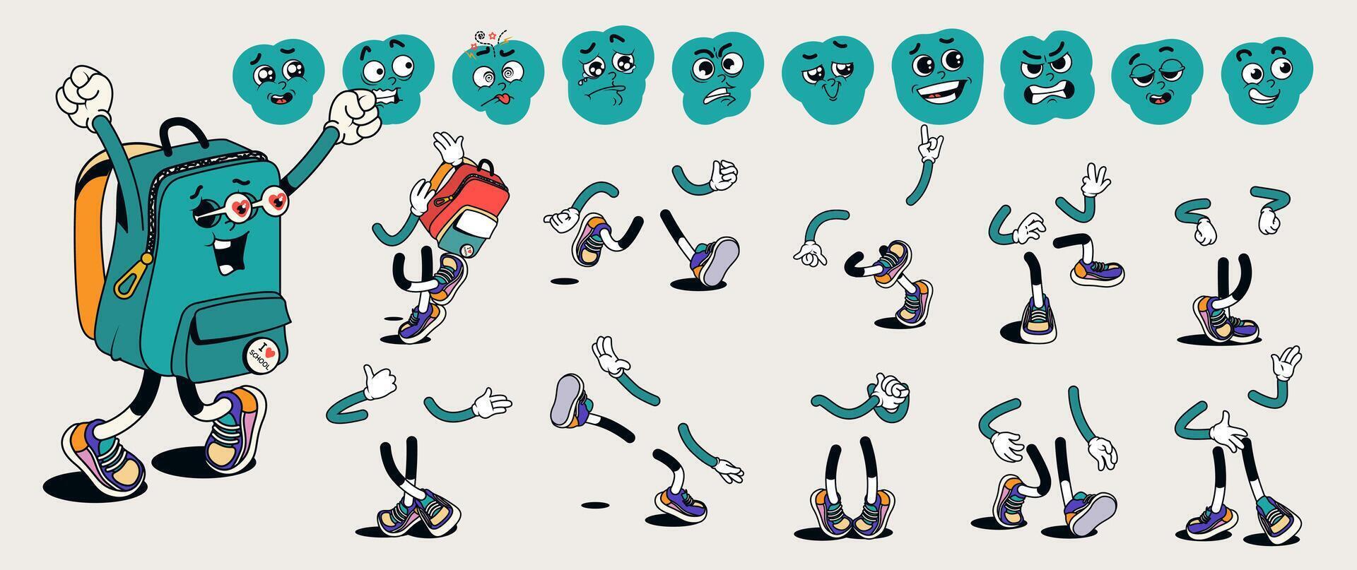 Schoolbag cartoon character with groovy comic faces set. Funny backpack mascot with bundle of love, fear, sick, smile, angry and other facial emotions, legs poses, hands gestures. illustration. vector