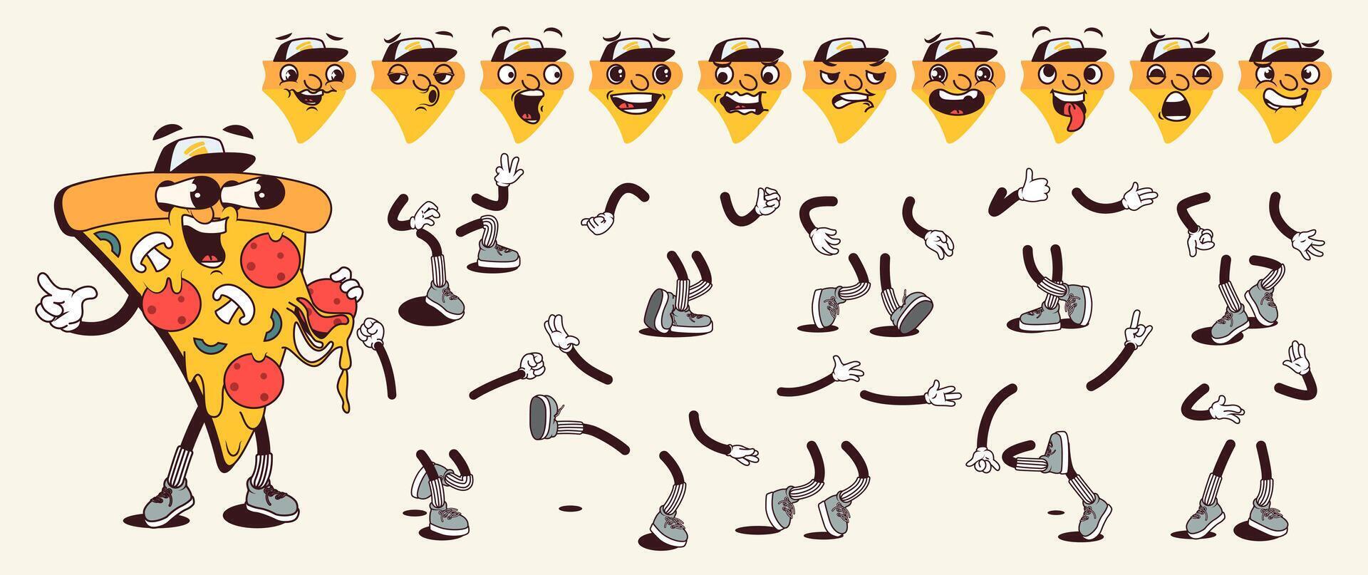 Pizza piece cartoon character with groovy comic faces set. Funny mascot with bundle of love, playful, wow, sad, fear, angry and other facial emotions, legs poses, hands gestures. illustration. vector