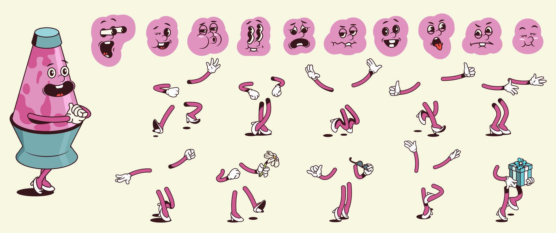 Lava lamp cartoon character with groovy comic faces set. Funny bubbles lamp mascot with bundle of happy, sad, smile and other facial emotions, legs and hands poses and gestures. illustration. vector
