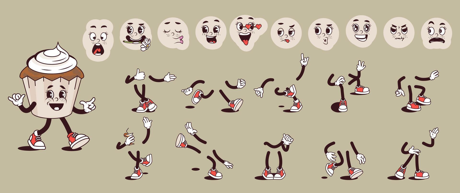 Cupcake cartoon character with groovy comic faces set. Funny cake mascot with bundle of happy, smile, sad, angry, love, like and other facial emotions, legs poses, hands gestures. illustration. vector