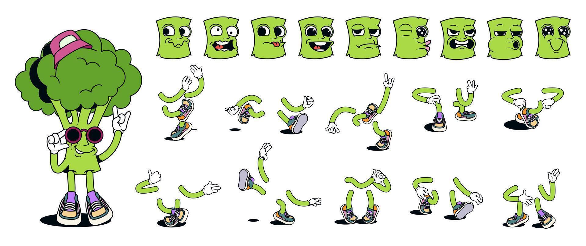 Broccoli cartoon character with groovy comic faces set. Funny green vegetable mascot with bundle of happy, smile, sad, angry and other facial emotions, legs poses, hands gestures. illustration. vector
