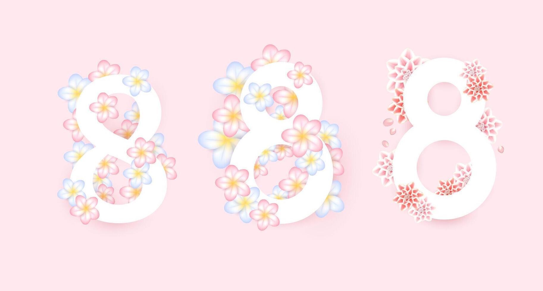 March 8, 8, 3d pastel flowers, on white background international womens day. vector