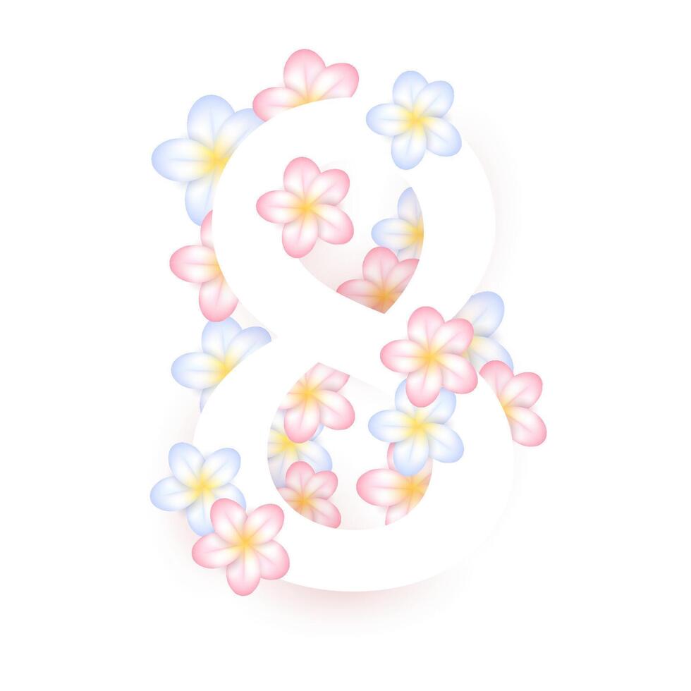 March 8, greeting card, 3d pastel flowers, on white background international womens day. vector