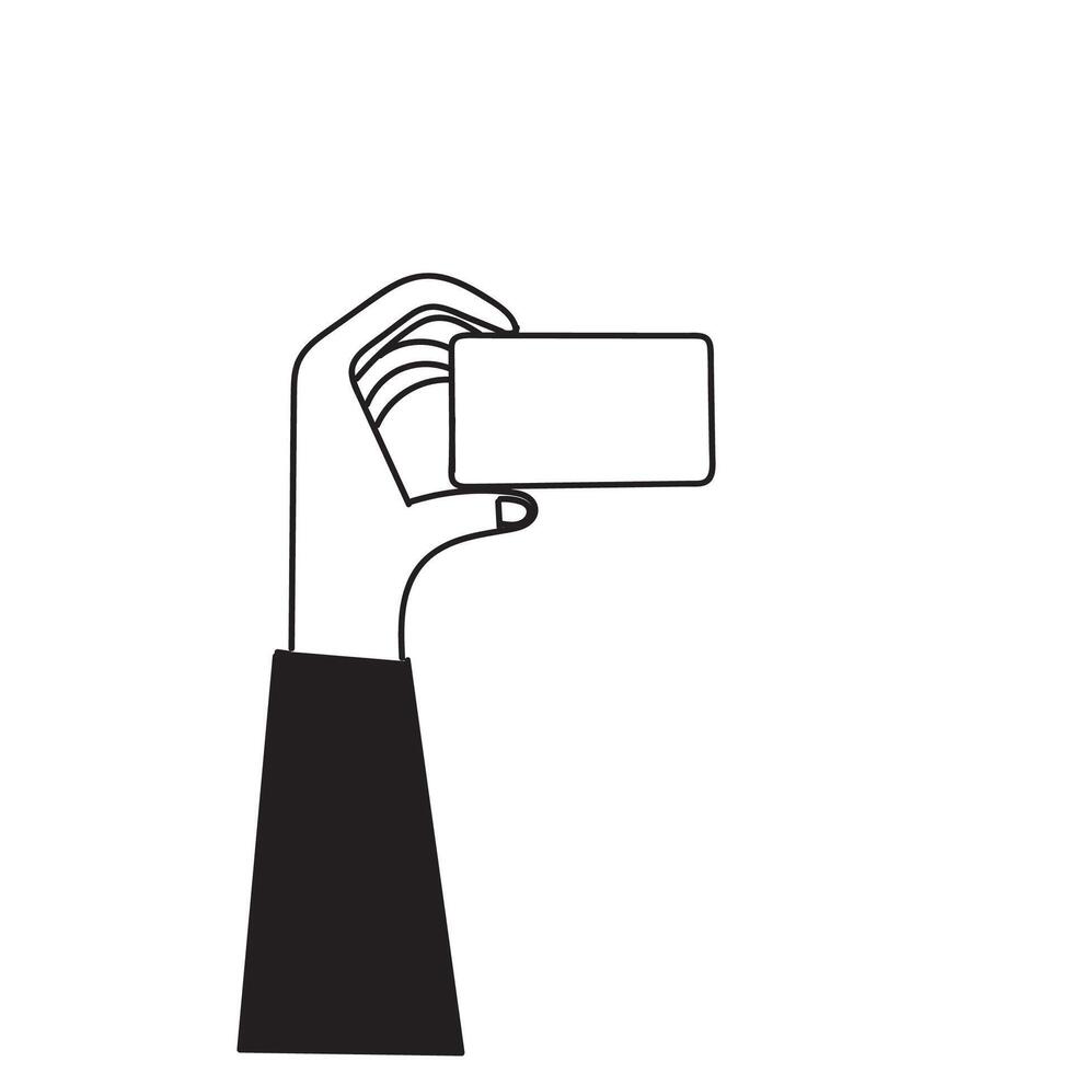 a hand holding a blank card in front of a white background doodle vector