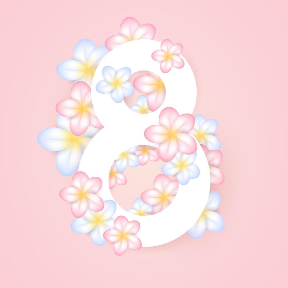 March 8, greeting card, 3d pastel flowers, on pink background international womens day. vector