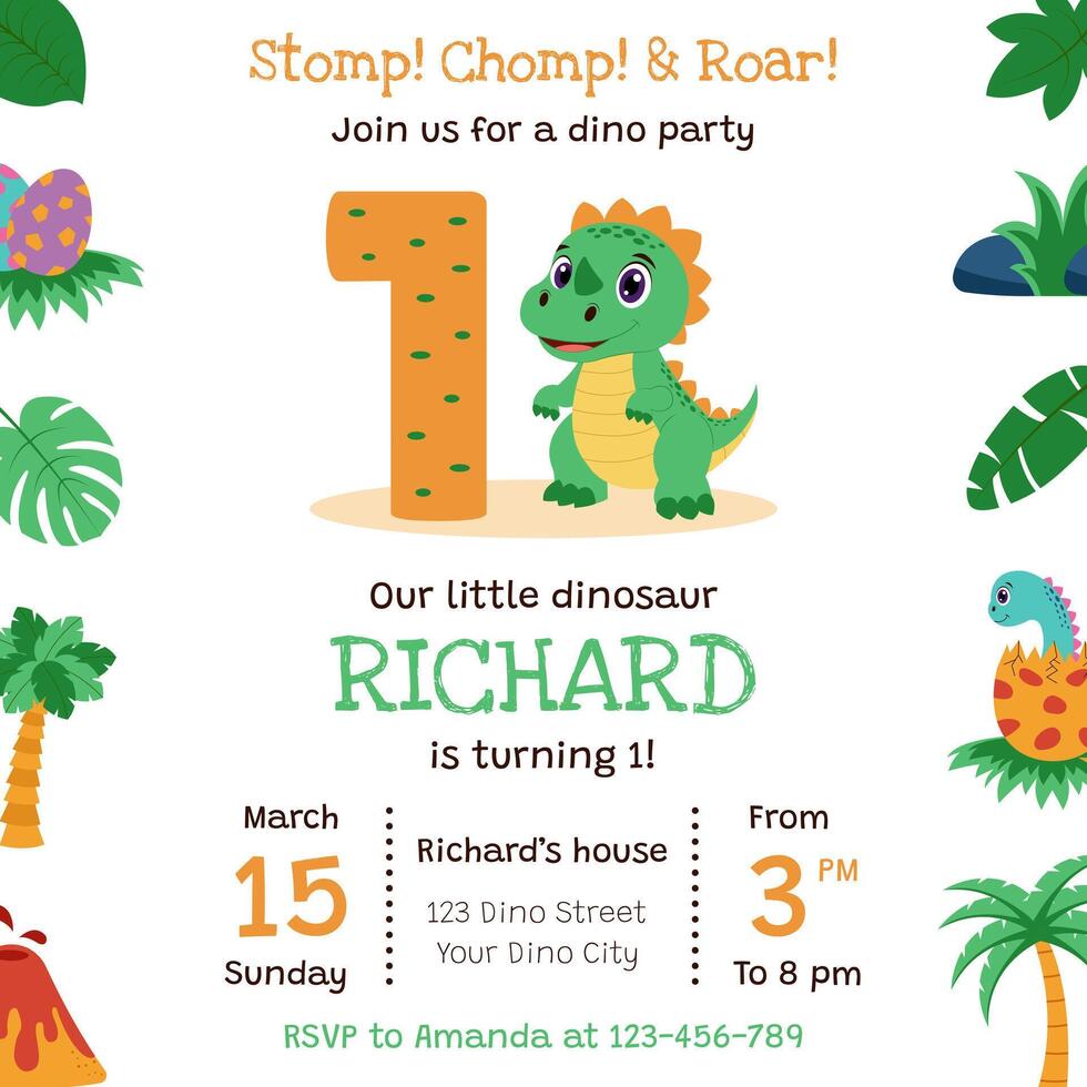 Invitation for Birthday with dinosaur and birthday anniversary number. Dinosaur concept. vector