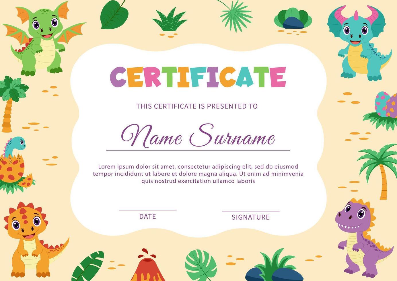 Certificate with dinosaurs concept. Template with dinosaurs and tropical plants. vector