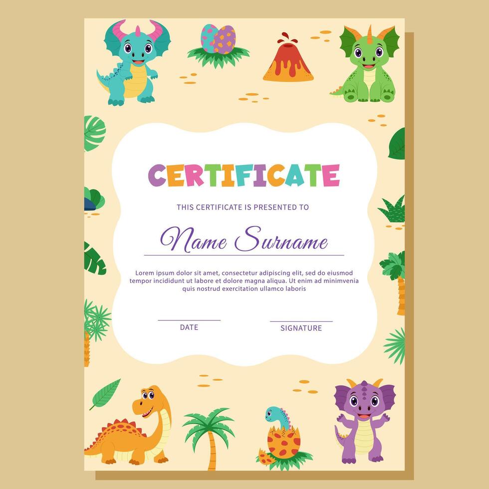 Dinosaur certificate. Template with dinosaurs and tropical plants. vector