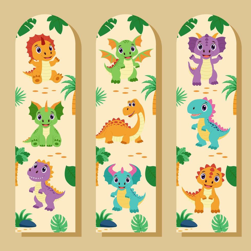 Dinosaur bookmarks. Set of bookmarks with dinosaurs and tropical plants. vector