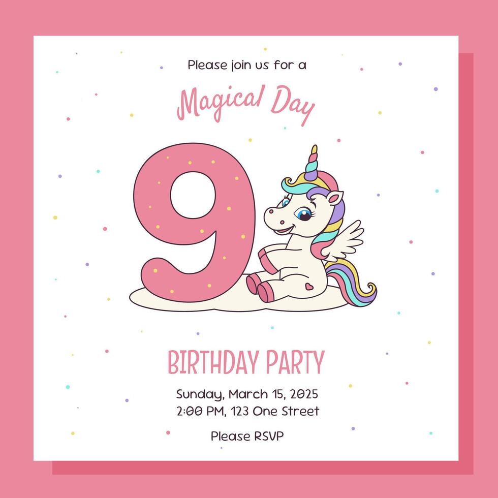 Birthday party invitation card with unicorn and birthday anniversary number. Unicorn concept. vector