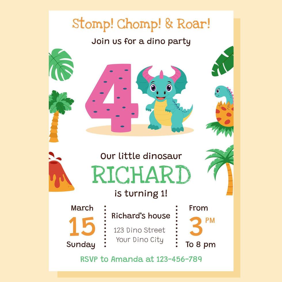 Dinosaur invitation. Birthday party invitation card with dinosaur and birthday anniversary number. vector