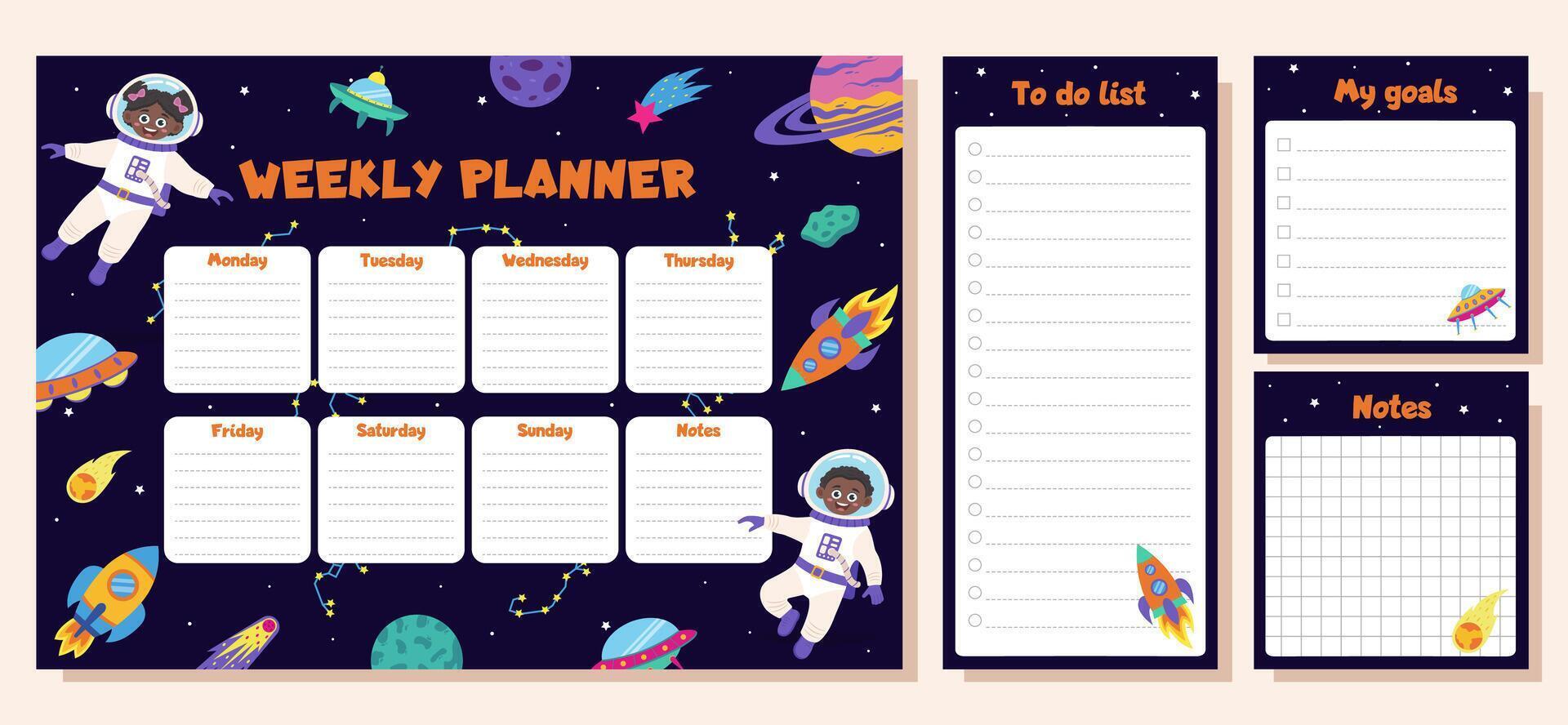 Space set of weekly planner, to do list, goals and notes. Set with space elements and children astronauts. vector