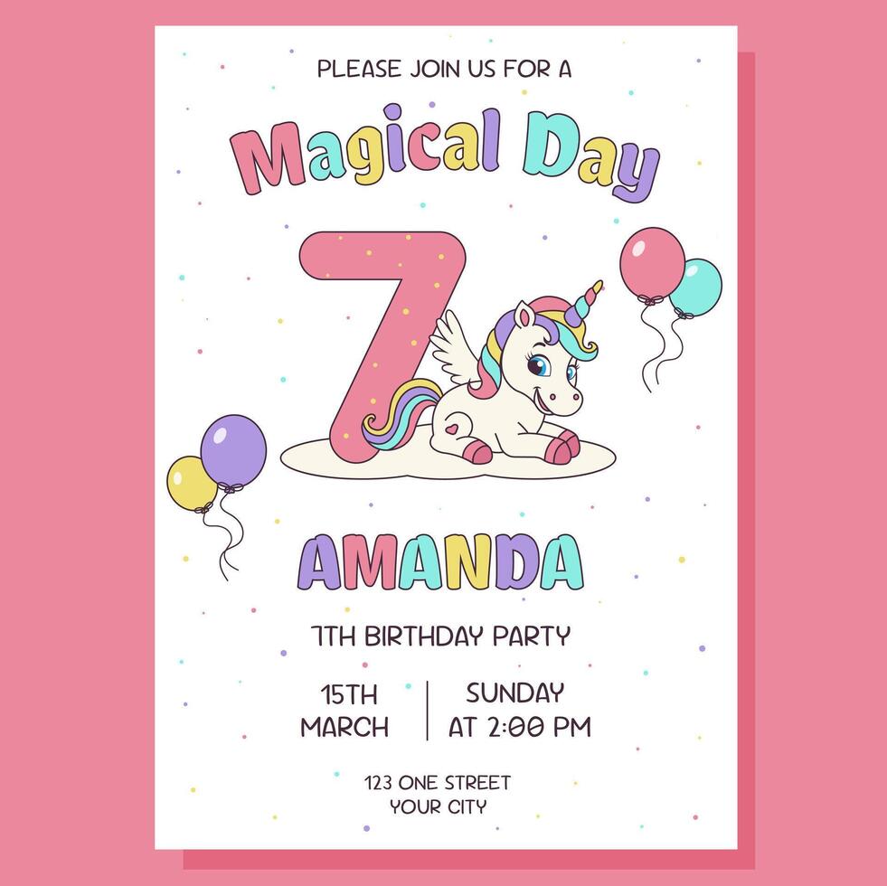 Invitation with unicorn concept. Birthday party invitation card with unicorn and birthday anniversary number. vector