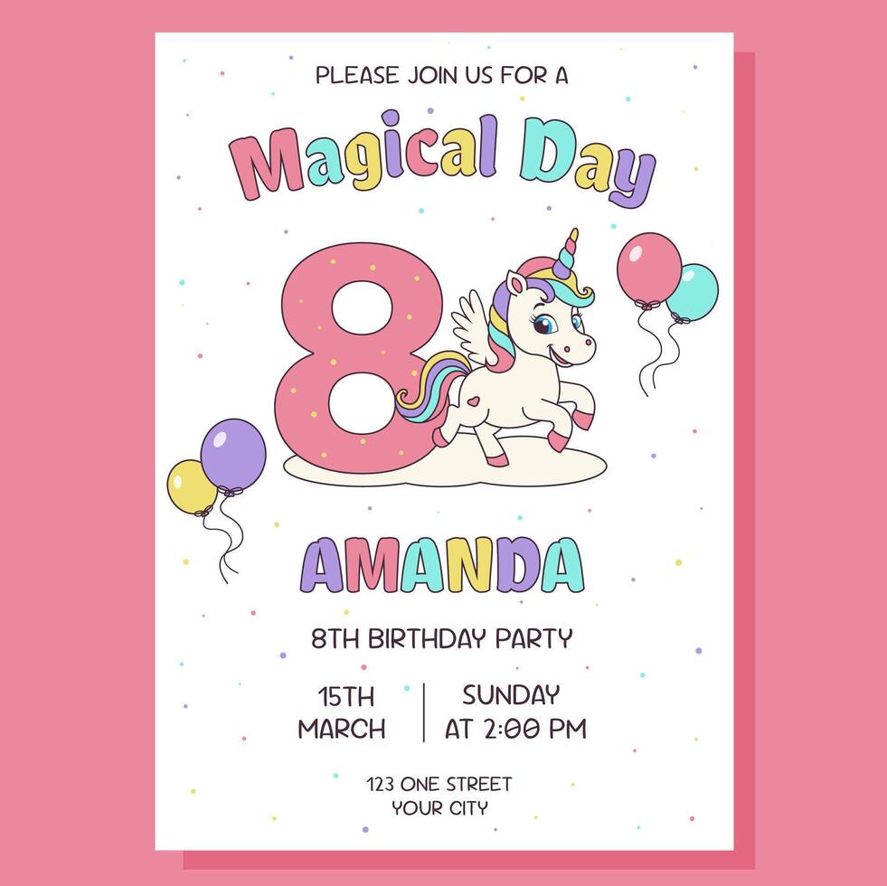 Invitation for birthday party. Unicorn concept. Invitation with unicorn and birthday anniversary number. vector