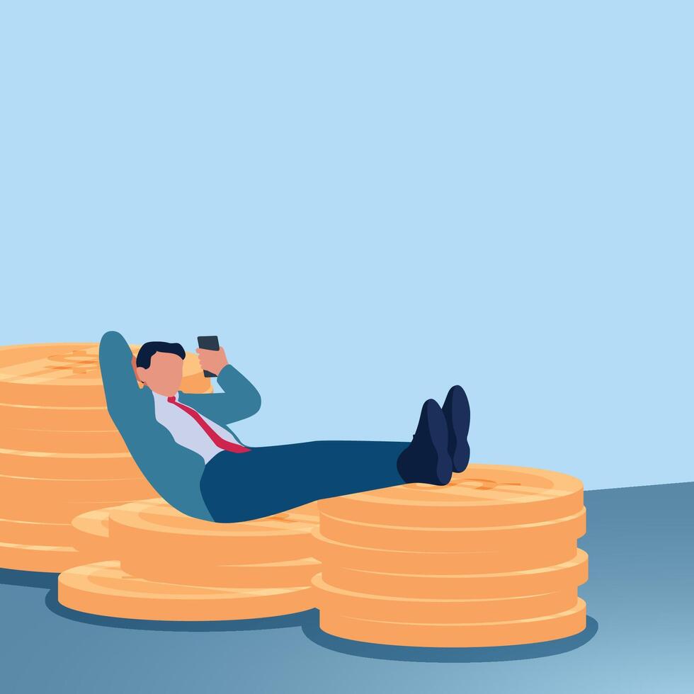 A man sleeping on coins holding a mobile phone. Illustration for earning money online, work from home, freelance. vector