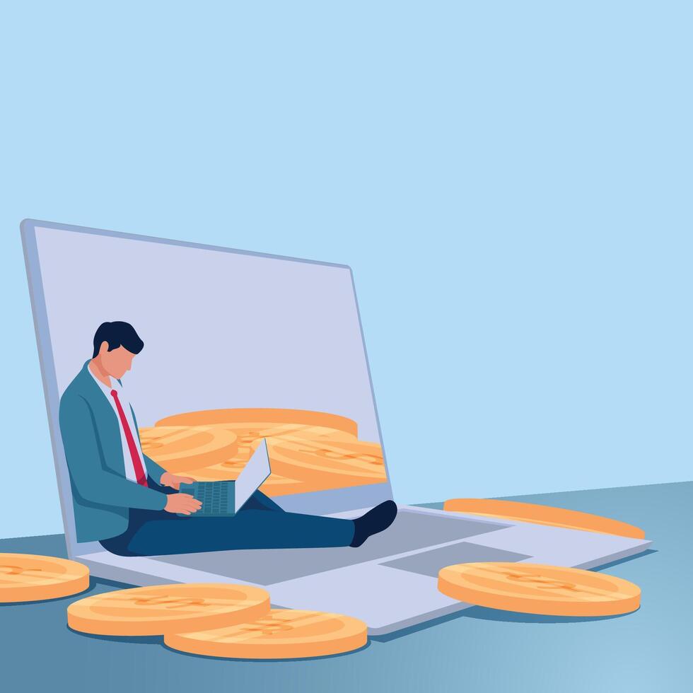 A man holds a laptop and coins are scattered around him. Illustration for making money online, working from home, freelancing. vector