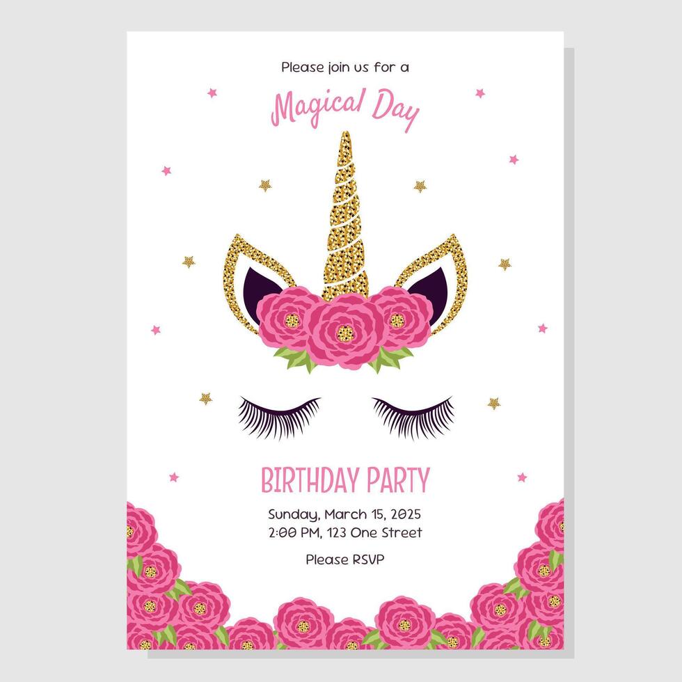 Unicorn birthday party invitation, greeting card. Invitation with unicorn elements and roses. vector
