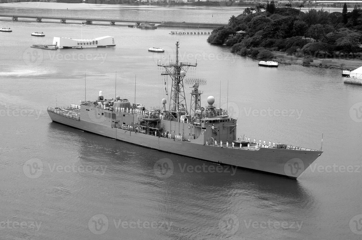 Navy Battle Ship With Guns and Other Weapons Background photo