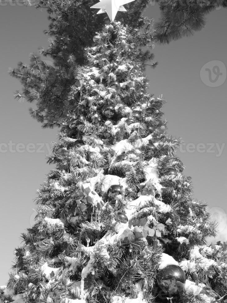 Christmas Tree with Holiday Ornaments Against a Sky Background photo