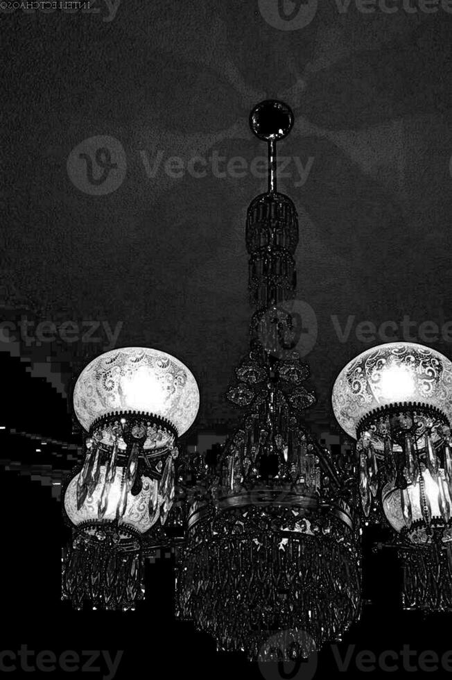 Vintage chandelier close view background. Pencil drawn sketch illustration, sketchy draft photo