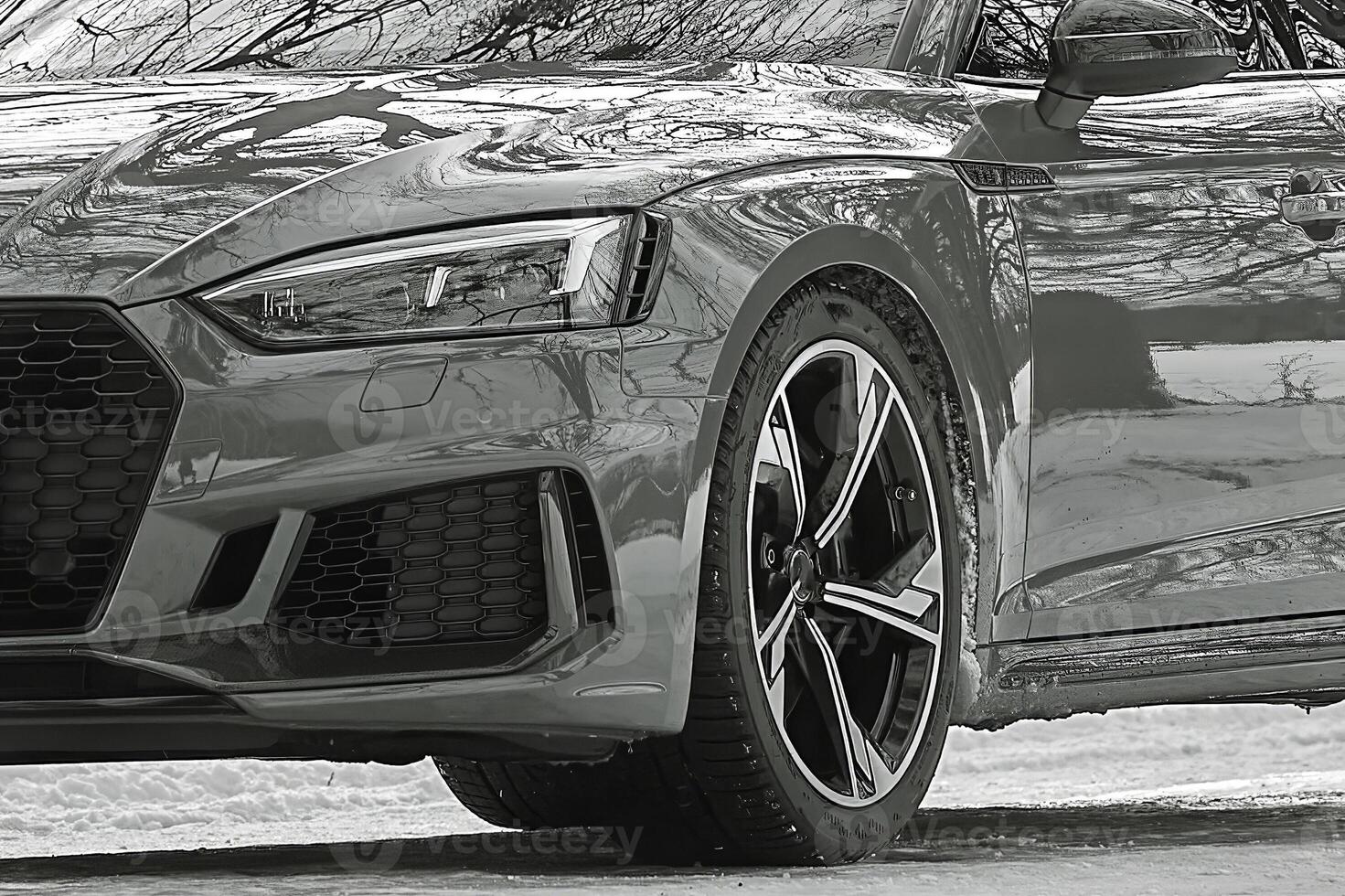 Modern red car in the winter forest background, car wallpaper. Black and white monochrome photo