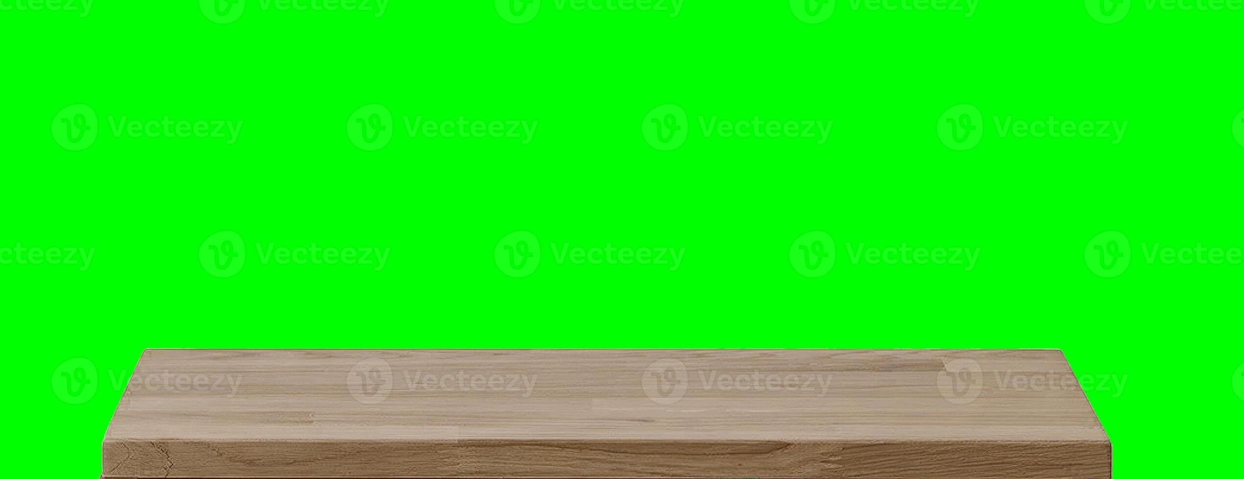 Wooden dinner table surface. Natural wood furniture close view. Tabletop isolated over green screen chroma key background photo