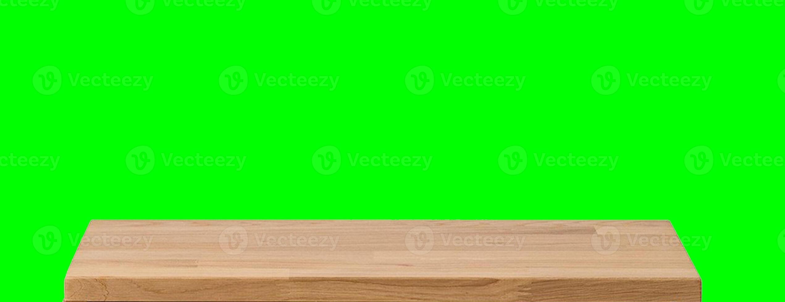 Wooden dinner table surface. Natural wood furniture close view. Tabletop isolated over green screen chroma key background photo