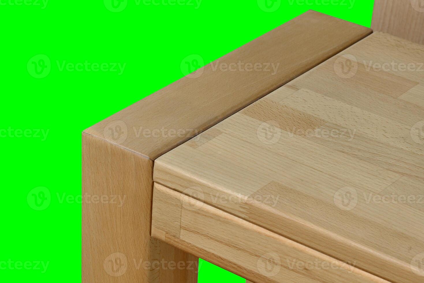 Wooden bench surface. Natural wood furniture close view. Table isolated over green screen chroma key background photo