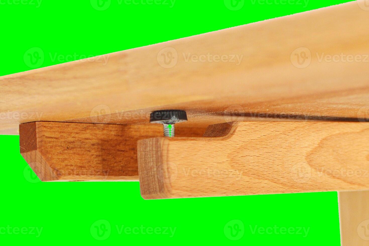 Wooden table surface. Natural wood furniture close view. Table isolated over green screen chroma key background photo