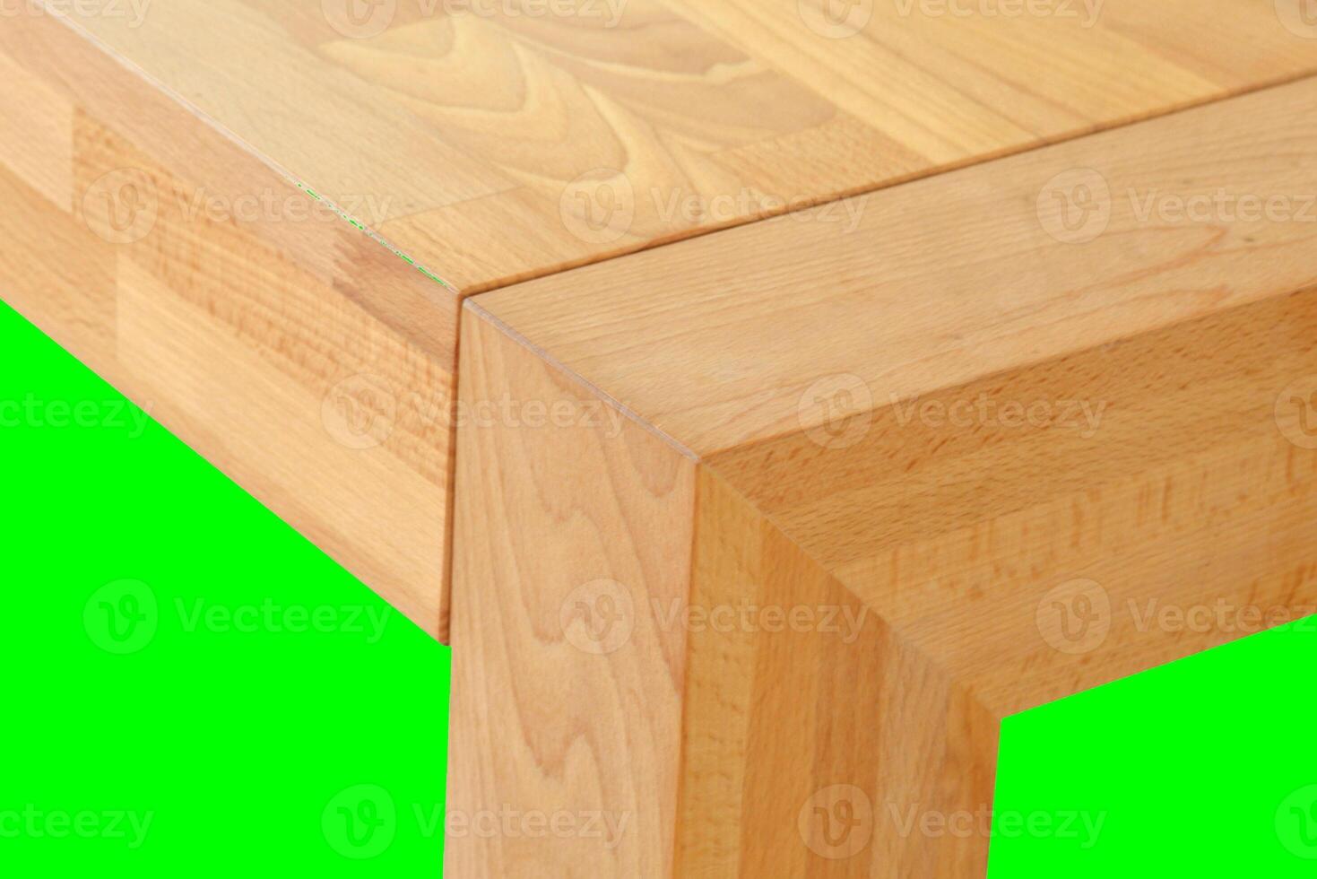 Wooden dinner table surface. Natural wood furniture close view. Table isolated over green screen chroma key background photo