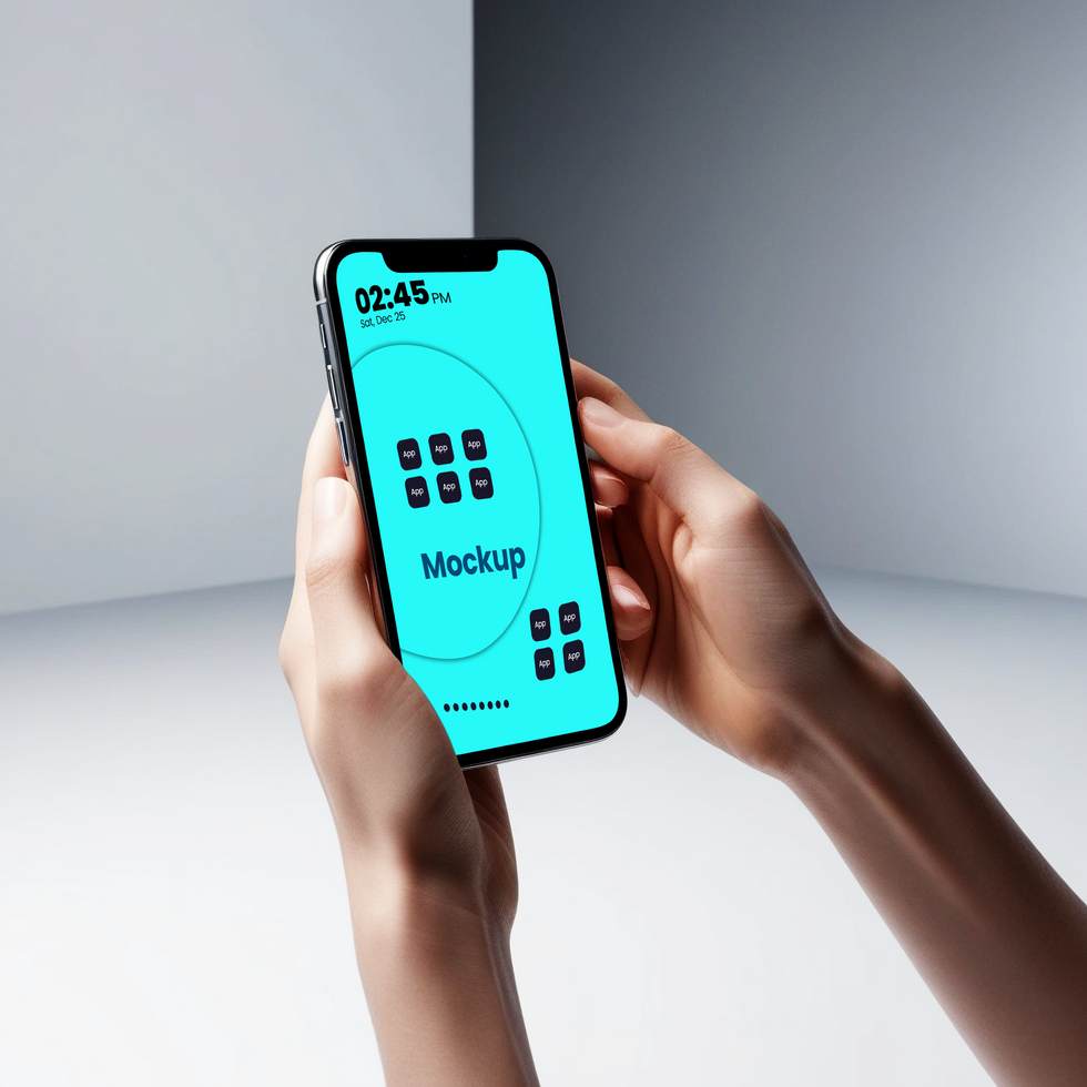 Holding a smartphone by hand in Creative Screen Phone Mockup for Business Presentation Templates psd