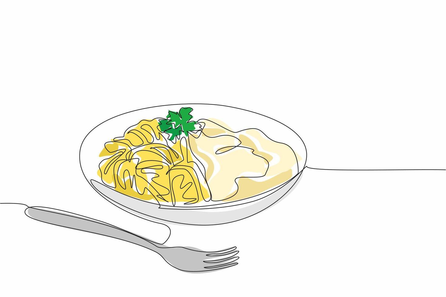 Single continuous line drawing fettuccini carbonara dish ready to be served. Creamy sauce that adds deliciousness to mouth. Amazing taste. National Carbonara Day. One line design illustration vector
