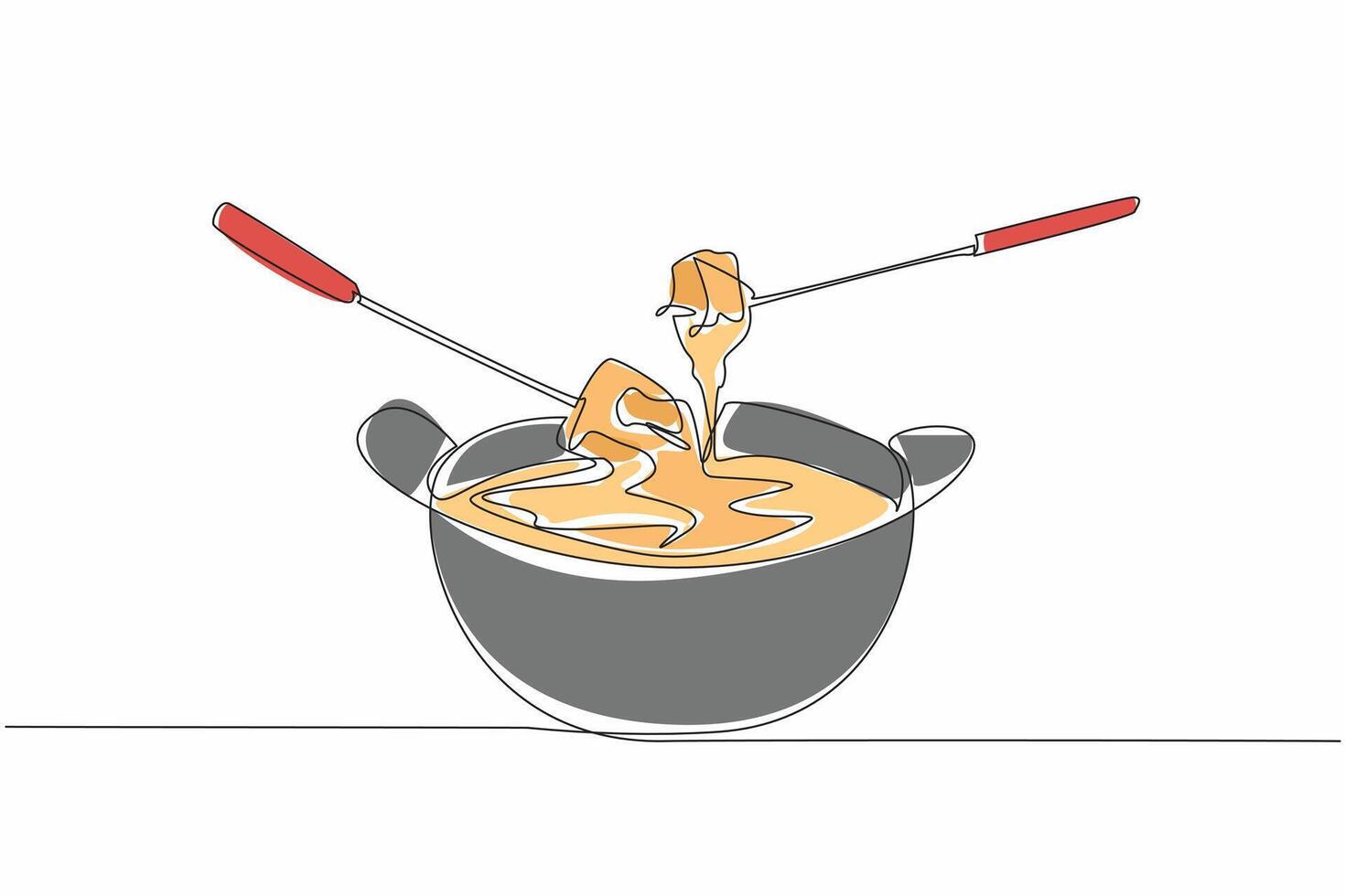 Continuous one line drawing food dipped in cheese liquid in a pan. Swiss specialties when winter comes. Warming the atmosphere. National Cheese Fondue Day. Single line draw design illustration vector