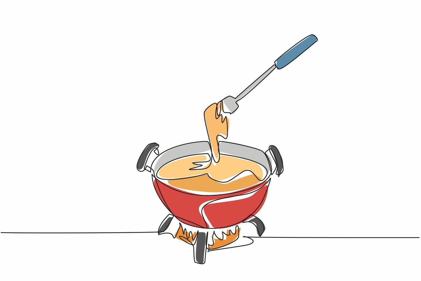 Continuous one line drawing pan heated over fire, inside the pan is melted cheese. Keeps the pot warm. True friend in winter. National Cheese Fondue Day. Single line draw design illustration vector