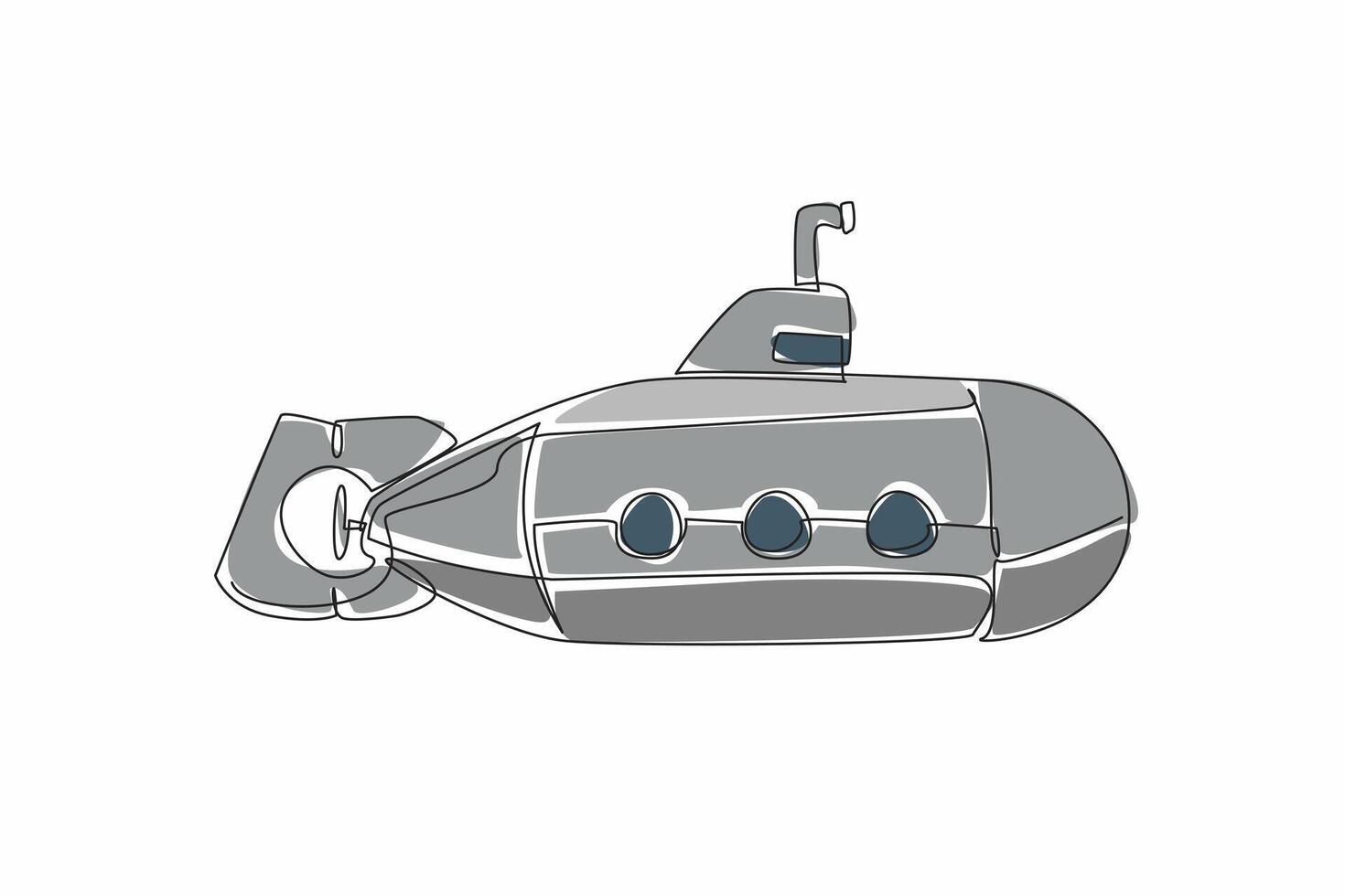 Continuous one line drawing submarine with three porthole. Equipped with a periscope to see the conditions under the sea. Research. National Submarine Day. Single line draw design illustration vector
