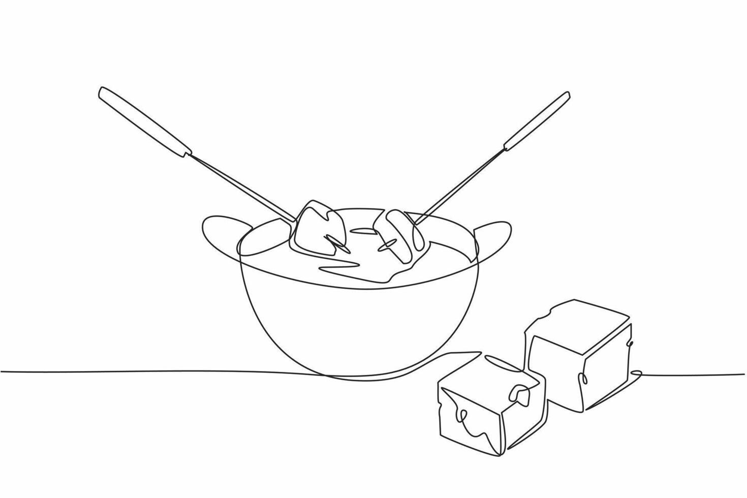 Single continuous line drawing pan containing liquid cheese. Long fork is a tool to help eat food. Stay warm when the weather gets cold. National Cheese Fondue Day. One line design illustration vector