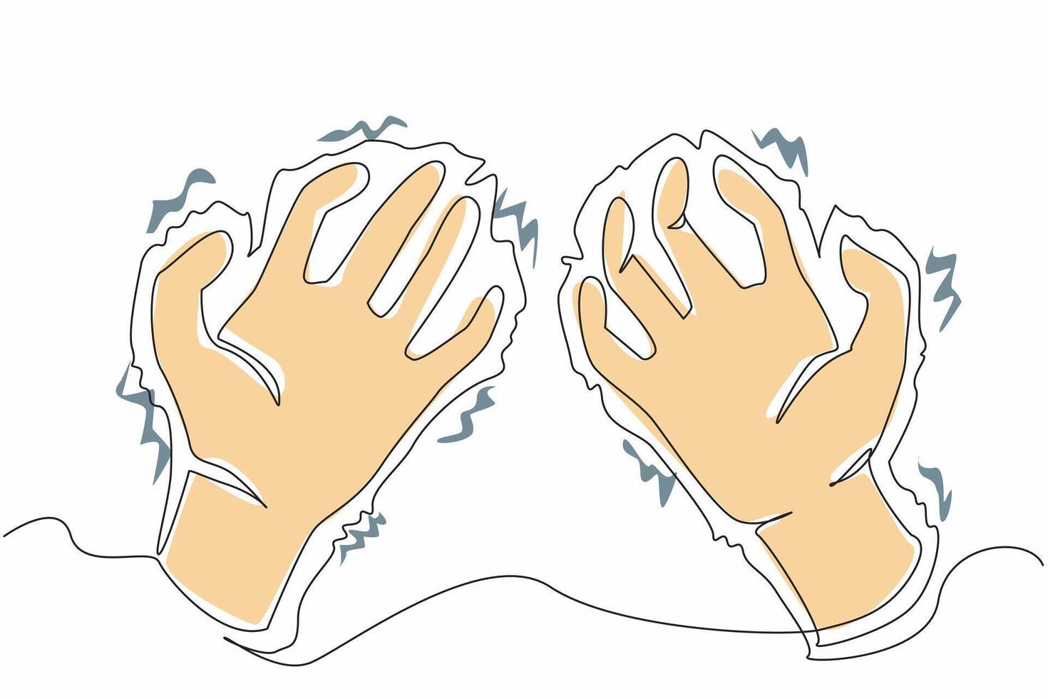 Continuous one line drawing two hands with bent fingers and experiencing severe tremors. Body coordination disorder. Nervous system disease. Parkinson. Single line draw design illustration vector