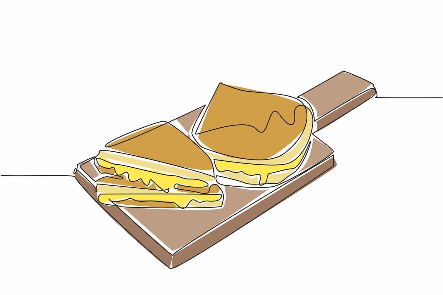 Single one line drawing 2 grilled cheese sandwiches on a cutting board. Abundant melted cheese. Deliciousness. Tasty. National Grilled Cheese Sandwich Day. Continuous line design graphic illustration vector
