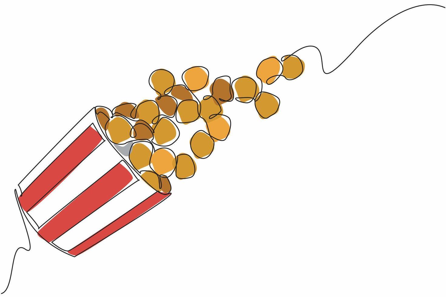 Single one line drawing caramel popcorn flying from a striped paper container. A snack metaphor that makes float. Munchies. National Caramel Popcorn Day. Continuous line design graphic illustration vector
